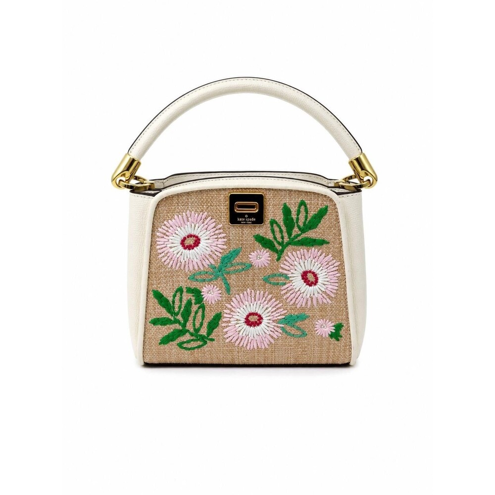 Kate Spade New York Mini Bag Crossbody Floral Embroidered Beige Pink Top Handle